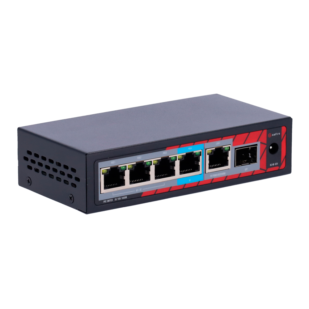 Safire Indoor POE extender Switch - Amplía alcance alimentación POE - 4 puertos PoE + 1 Uplink RJ45 +1 SFP  - IEEE 802.3 af/at/bt - Potencia de salida máxima 60 W - Puertos 10/100/1000 Mbps