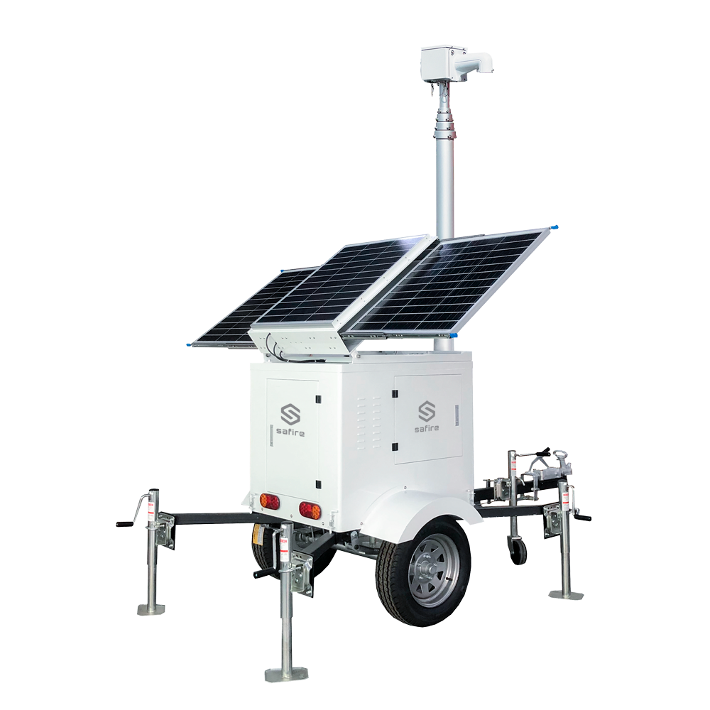 Trailer de alimentación autónoma para CCTV - Panel solar de 3x120W - Batería Litio LiFePo 2520Wh (200Ah) - Mástil telescópico hasta 6m - Enganche de remolque y freno de mano manual - IP65