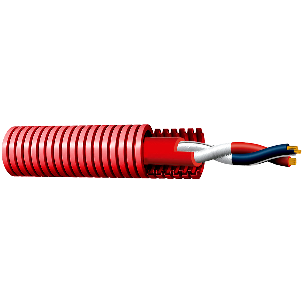 Bobina de cable trenzado apantallado - Resistente al fuego RF 120 minutos - Rollo de 100 metros - Conductor cobre 2x1.5mm2 - Certificado CPR Cca -1sb, a1, d1 - Certificado EN 50575 | Resistencia 13.9 Ω/Km - Precableado en tubo corrugado