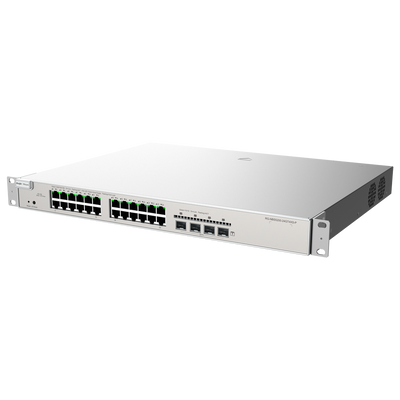Reyee Switch PoE Cloud Capa 2+ - 24 puertos PoE RJ45 Gigabit + 4 SFP+ 10Gb - 30W vía puerto 802.3af/at / Máximo 370W - LAG estático/DHCP Snoop/IGMP Snoop/Port Mirror - VLAN/Aislamiento de puertos/STP/RSTP/ ACL/QoS: servidor DHCP/rutas estáticas