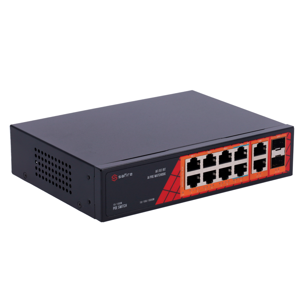 Safire Switch Hi-PoE - 8 puertos PoE + 2 SFP + 2 RJ45 - Velocidad de puertos Gigabit 10/100/1000Mbps - 6 Puertos PoE+ 30W + 2 Puertos Hi-PoE 60W - PoE Watchdog - Hasta 120W Potencia PoE total