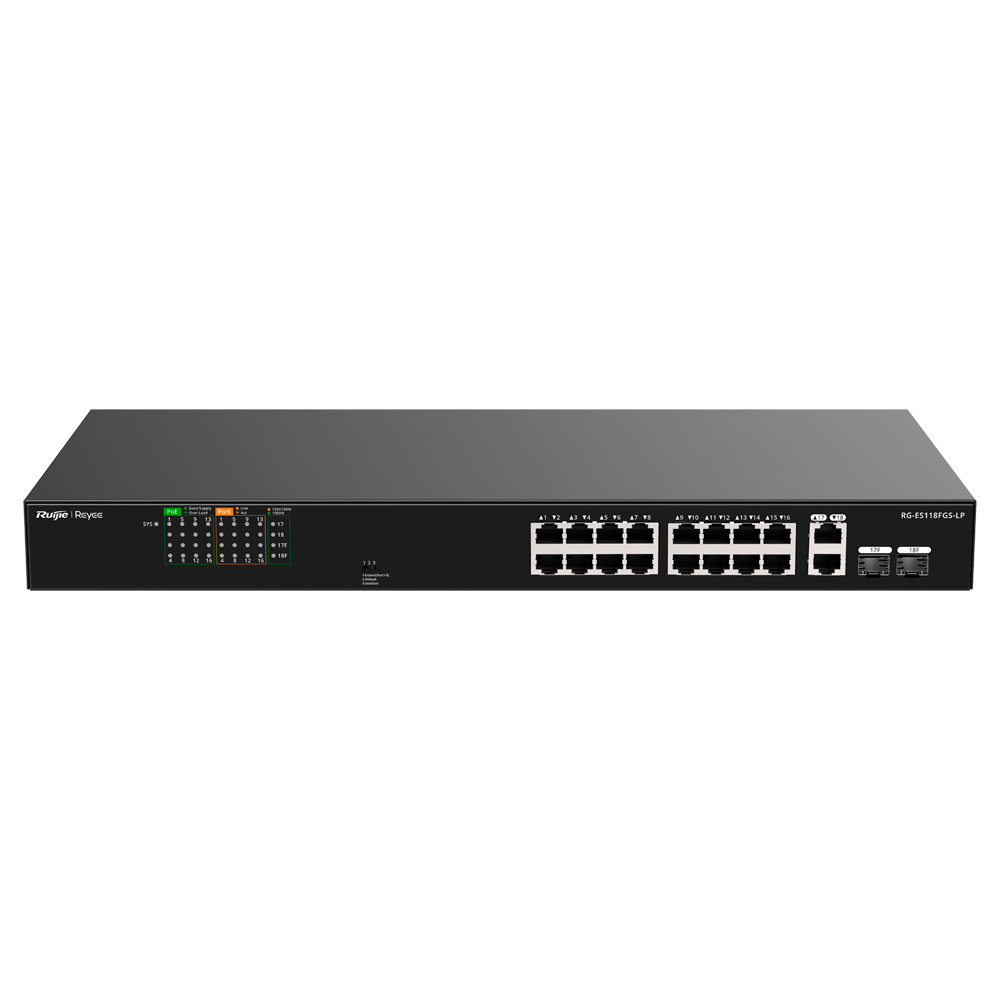 Reyee Switch PoE da Tavolo - Alloggiamento in Metallo - Rackmount - 16 Porte RJ45 10/100 Mbps + 2 Uplink Gigabit - 16 Porte PoE+ 802.3af/at | Potenza totale 120W - Plug and Play - Tecnologia a risparmio energetico