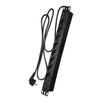 Presa di corrente multipla - Progettata per rack standard da 19" - 8 uscite fino a 250VAC / 16 A max. - Dimensione 1U per facilitare l'installazione - Interruttore automatico di sicurezza - Colore nero