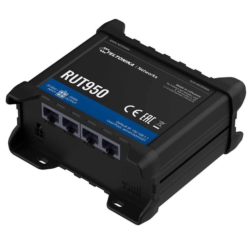 Teltonika Router 4G Industriale - 4 porte Ethernet RJ45 Fast Ethernet - Dual SIM 4G (LTE) Cat 4 fino a 150Mbps - 2x Ingressi + 2xSalidas Digitali - Wi-Fi 802.11b/g/n 2.4GHz - Alloggiamento in Alluminio