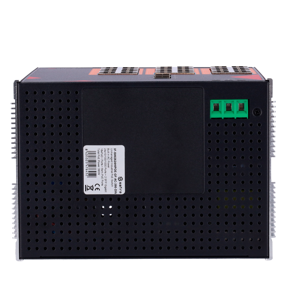 Safire Switch Industrial Alimentación AC 90~264V - 24 puertos Gigabit + 2 SFP Gigabit - 18 Puertos PoE+ 30W + 6 Puertos Hi-PoE 60W - PoE Watchdog - Hasta 390W Potencia PoE total - Instalación carril DIN