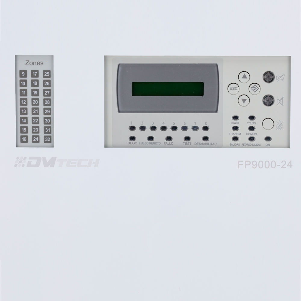 Centrale convenzionale di 24 zone con schermo LCD - 2 Uscita sirena - 2 uscite di allarme e guasto e 10 uscite relé configurabili - Uscita ripetitore - Fino a 30 rilevatori per zona - Rilevamento automatico della resistenza di fine linea