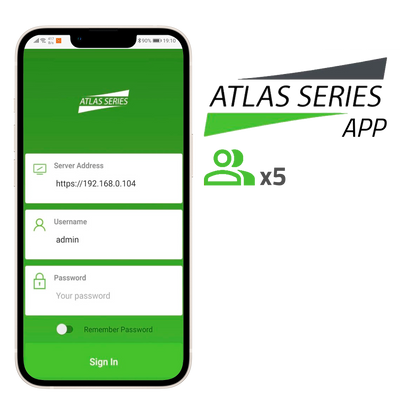 Licencia de app de control de acceso - Capacidad para 5 administradores - Gestión remota de usuarios y aperturas - Apto para Android e iOS - Multilingüe - Compatible con controladores Serie ATLAS
