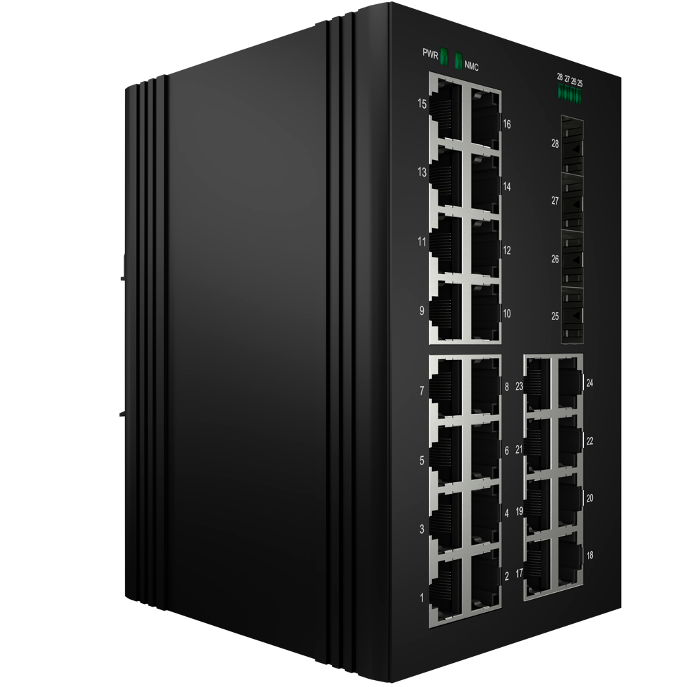 Switch PoE White Label - Montaggio su guida DIN - 24 Porte Gigabit + 4 SFP Gigabit - 90W porte 1-2 23-24/30W porte 3-22 /Max 360W - IEEE802.3af/at/bt | PoE/PoE+/Hi-PoE - VLAN/STP/RSTP/MSTP/ERPS/SNMP/ACL - Static LAG/IGMP Snooping/DHCP Snoop/802.1x
