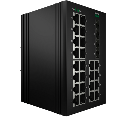 Switch PoE White Label - Montaggio su guida DIN - 24 Porte Gigabit + 4 SFP Gigabit - 90W porte 1-2 23-24/30W porte 3-22 /Max 360W - IEEE802.3af/at/bt | PoE/PoE+/Hi-PoE - VLAN/STP/RSTP/MSTP/ERPS/SNMP/ACL - Static LAG/IGMP Snooping/DHCP Snoop/802.1x