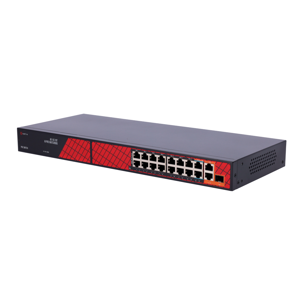 Safire Hi-PoE Switch - 16 PoE Ports + 2 RJ45 Uplinks + 2 SFP Uplinks - Hybrid 15x10/100Mbps + 4x10/100/1000Mbps - 14 PoE+ 30W Ports + 2 Hi-PoE 60W Ports - PoE Watchdog / PoE Extended - Maximum 300W Power PoE total