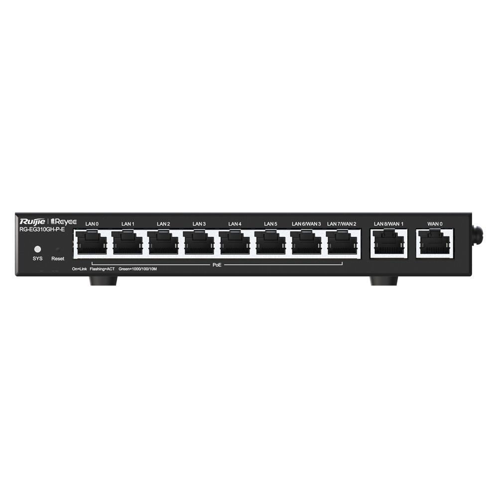 Reyee Cloud PoE Controller Router - 9 GE LAN Ports + 1 GE WAN Port - 8 PoE+ 802.3af/at Ports / Up to 110W total - Supports up to 4 WANs for failover or balancing - Up to 1500 Mbps bandwidth - IPSec, L2TP, PPTP, OpenV VPN server