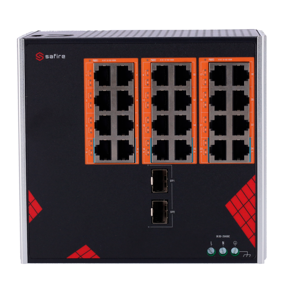 Safire Switch Industrial Alimentación AC 90~264V - 24 puertos Gigabit + 2 SFP Gigabit - 18 Puertos PoE+ 30W + 6 Puertos Hi-PoE 60W - PoE Watchdog - Hasta 390W Potencia PoE total - Instalación carril DIN