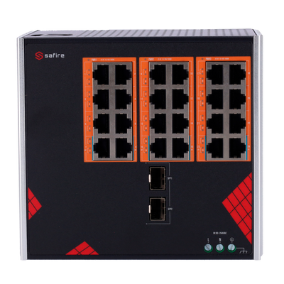 Safire Switch Industrial Alimentación AC 90~264V - 24 puertos Gigabit + 2 SFP Gigabit - 18 Puertos PoE+ 30W + 6 Puertos Hi-PoE 60W - PoE Watchdog - Hasta 390W Potencia PoE total - Instalación carril DIN