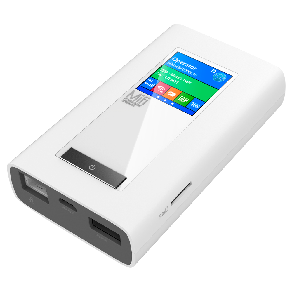 Router 4G Portátil - Conexión RJ45 10/100 o WiFi 802.11 b/g/n - Hasta 10 conexiones WiFi simultáneas - Powerbank 5200mAh de capacidad - Ranura para tarjeta SIM, micro SIM y micro SD - Pantalla color TFT de 1,44"