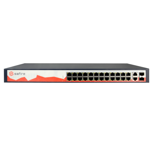 Switch PoE Safire - 24 porte PoE + 2 Gigabit Combo Port - Velocità 10/100 Mbps - 30 W per porta / Massimo 250W - Autonomia fino a 100m - Norma IEEE802.3at (PoE) / af (PoE+)