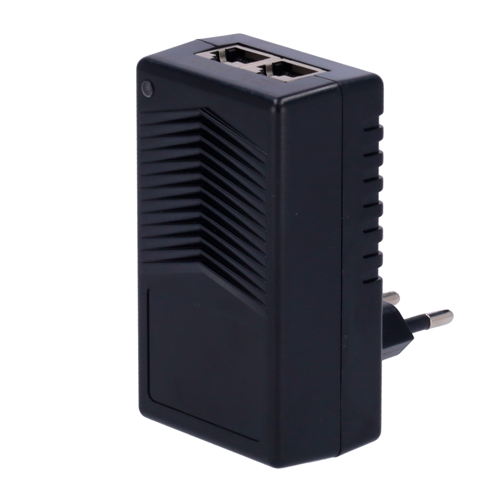 Inyector PoE de pared - Entrada/Salida RJ45 10/100 Mbps - Potencia 15 W - Distancia máxima 100 m - Velocidad 100M - Estabilizado y protegido