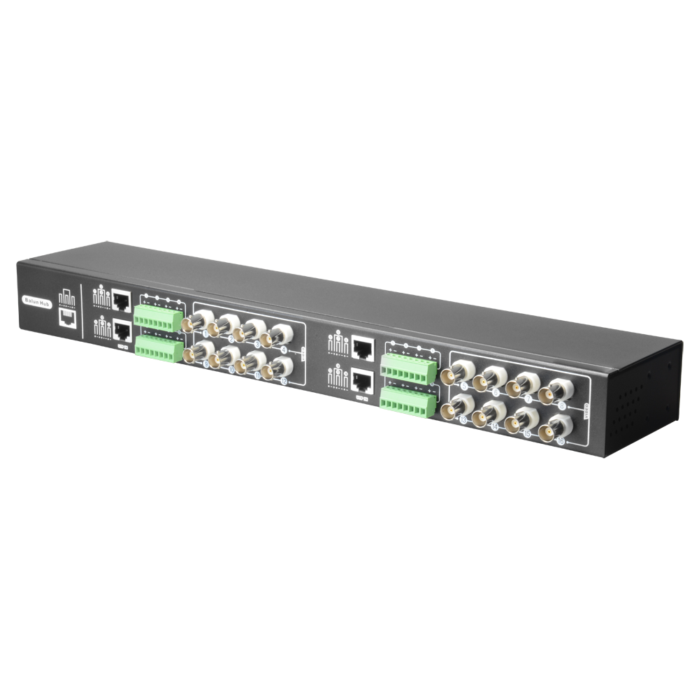 Video Balun 4N1 (HDTVI, HDCVI, AHD y CVBS) - 16 canales pasivos - Incluye 16 BA612P-HAC - Conexión BNC y RJ45 - Distancia: 180 ~ 440m
