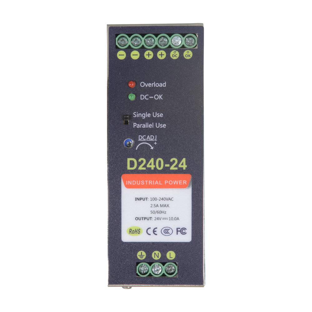 Fonte di alimentazione commutata - uscita DC 24 V 10 A / 240 W - 2 uscite - Voltaggio in entrata 90 V ~ 264 V - 100 (Fo) x 94 (Al) x 40 (An) mm - Montaggio su guida DIN