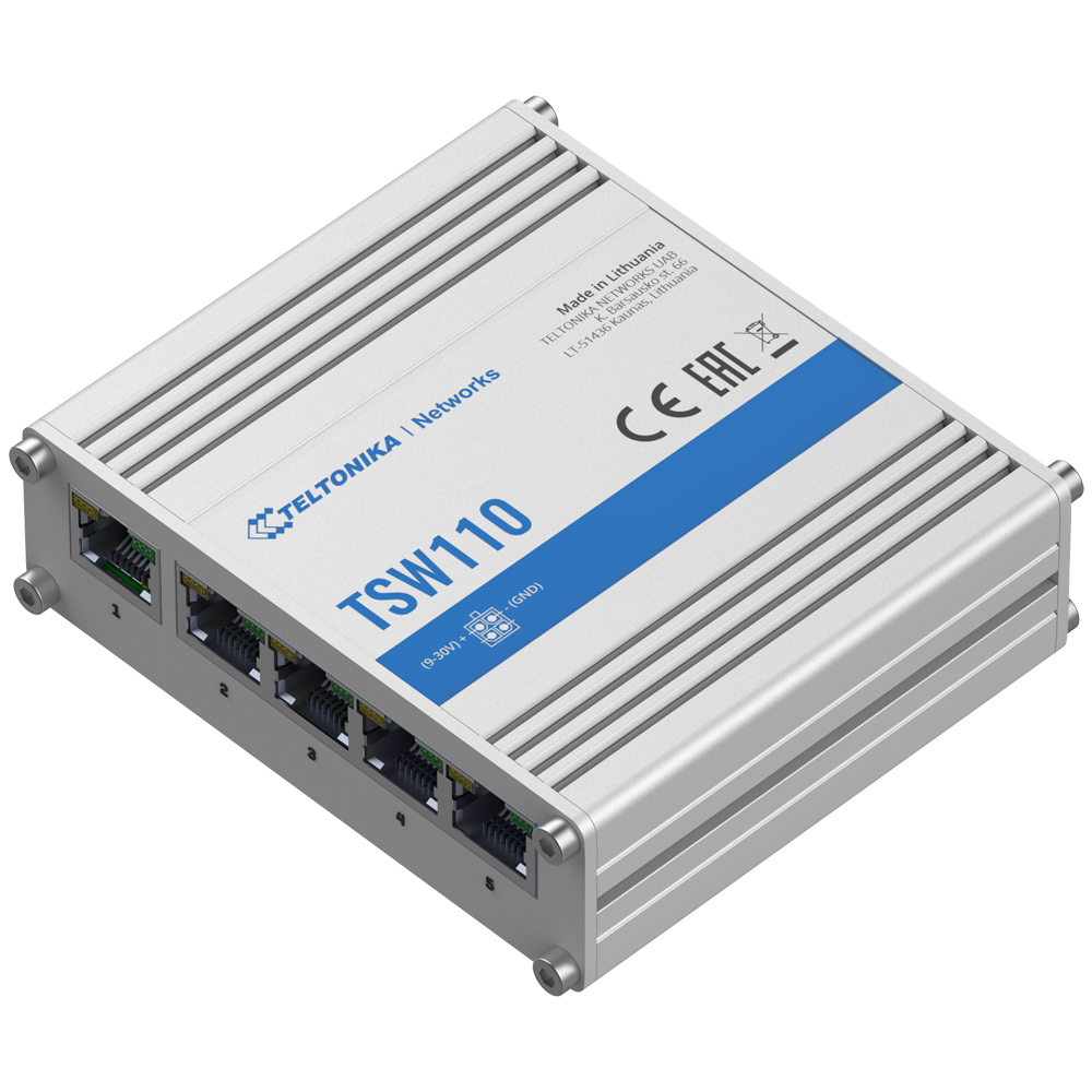 Teltonika Switch Unmanaged Industriale - 5 porte Ethernet RJ45 Gigabit - Robusto Alloggiamento in Alluminio - Plug and Play - Alimentazione DC 9 a 30V - LED di Stato