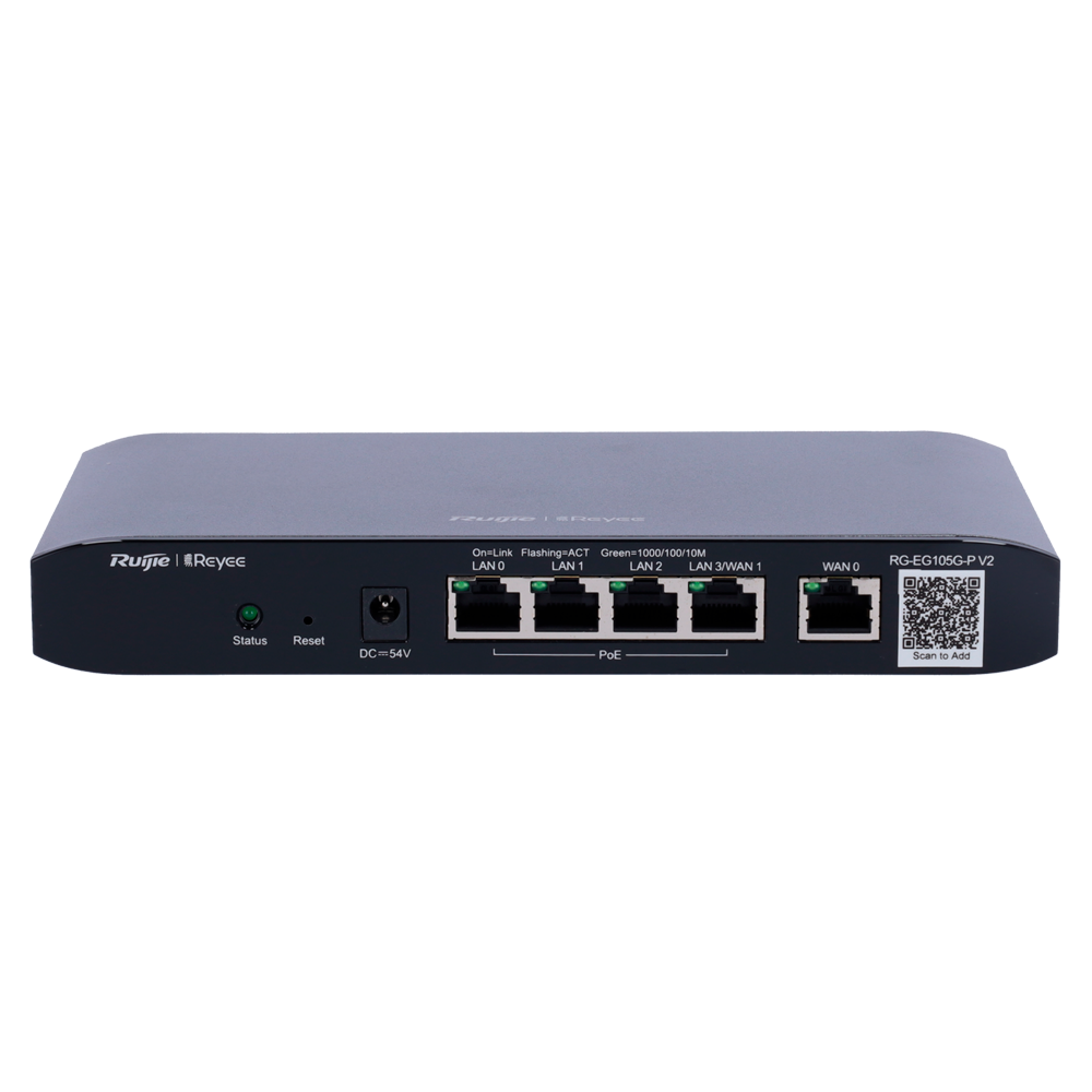 Enrutador controlador de nube Reyee - 5 puertos RJ45 10/100 /1000 Mbps - 4 puertos PoE+ 802.3af/at / Máximo 54W - Admite hasta 2 WAN para conmutación por error o equilibrio - Ancho de banda de hasta 600 Mbps - Servidor VPN IPSec, L2TP, PPTP