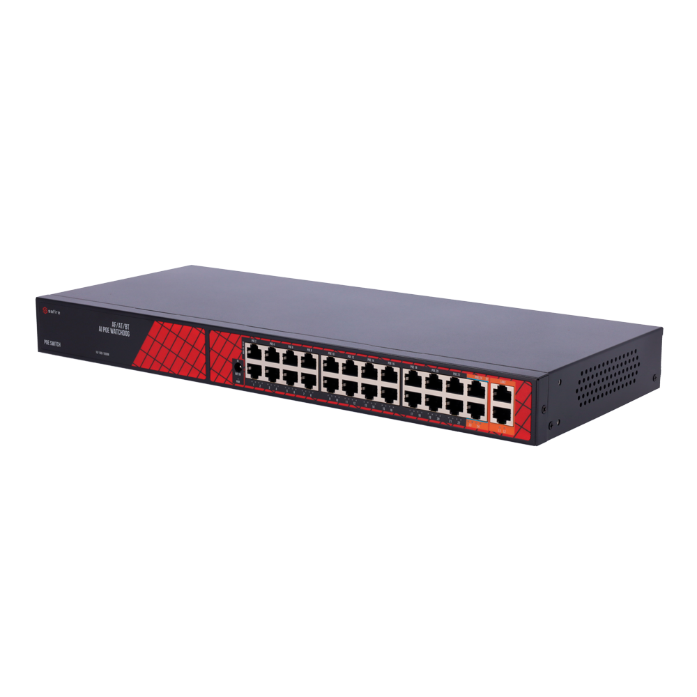 Safire Switch Hi-PoE - 24 Puertos PoE + 2 Uplink RJ45 - Hibrido 22x10/100Mbps + 4x10/100/1000Mbps - 22 Puertos PoE+ 30W + 2 Puertos Hi-PoE 60W - PoE Watchdog - Hasta 300W Potencia PoE total