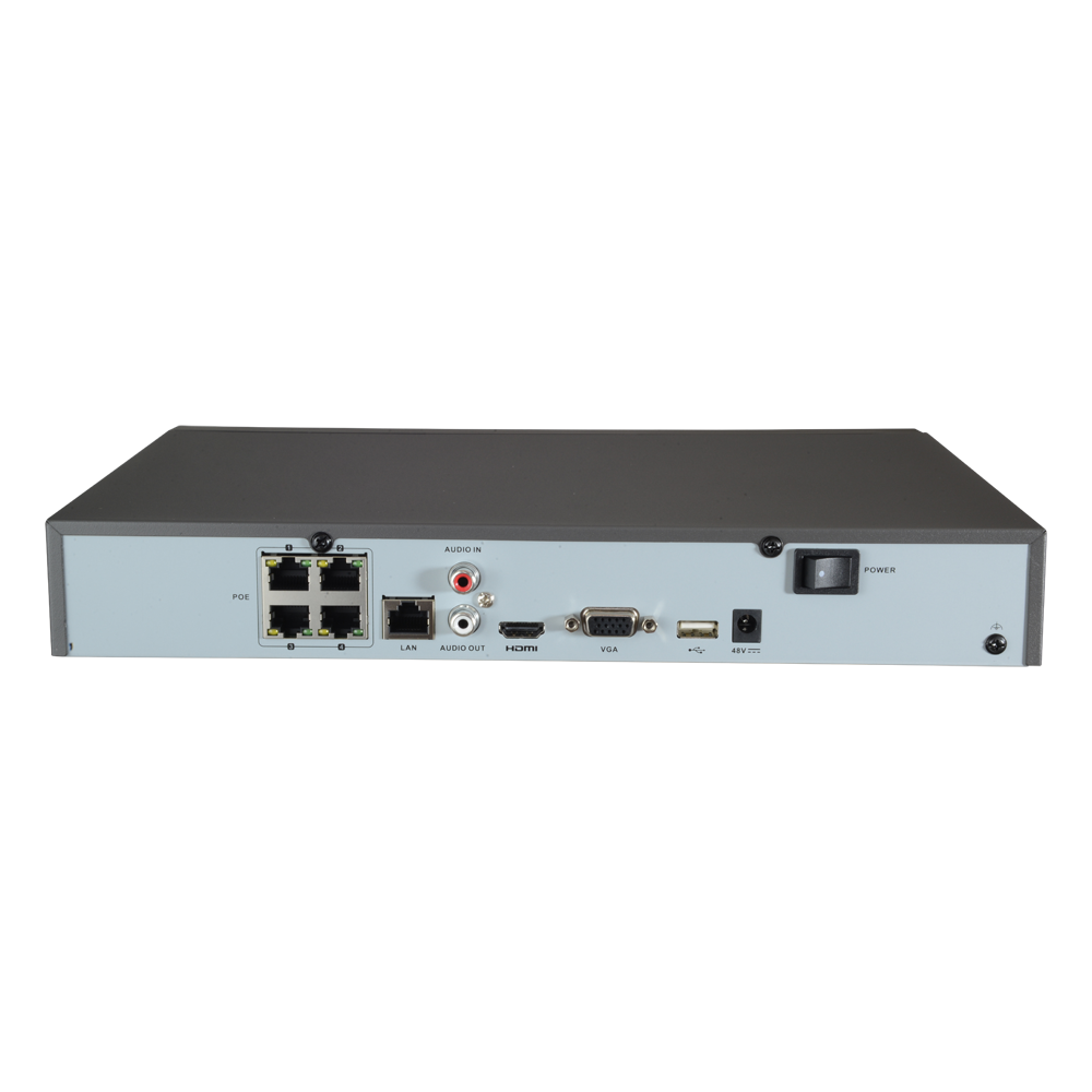 NVR para cámaras IP - 4 CH vídeo PoE+ 50W / Compresión H.265+ - Resolución máxima 8.0 Mp - Ancho de banda 40 Mbps - Salida HDMI 4K y VGA - Permite 1 disco duro