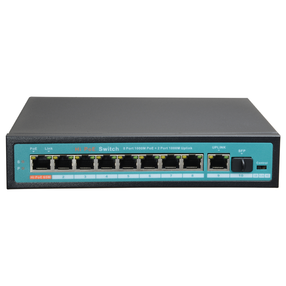 Switch PoE - 8 porte PoE + 1 Uplink + 1 SFP GIGA - Velocità della porta 10/100/1000 Mbps - 65W porta 1 / 30W porta 2-8 / Massimo 120W - La modalità HD ottimizza la trasmissione CCTV - Hi-PoE / IEEE802.3at (PoE+) / af (PoE)