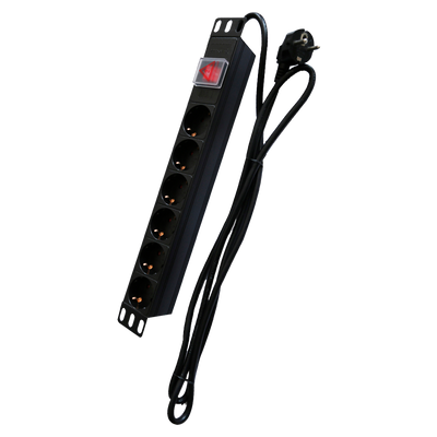 Power strip - 1U rack format - 6 outputs up to 250VAC / 16A max. - On/off switch - Overload reset button - Black colour
