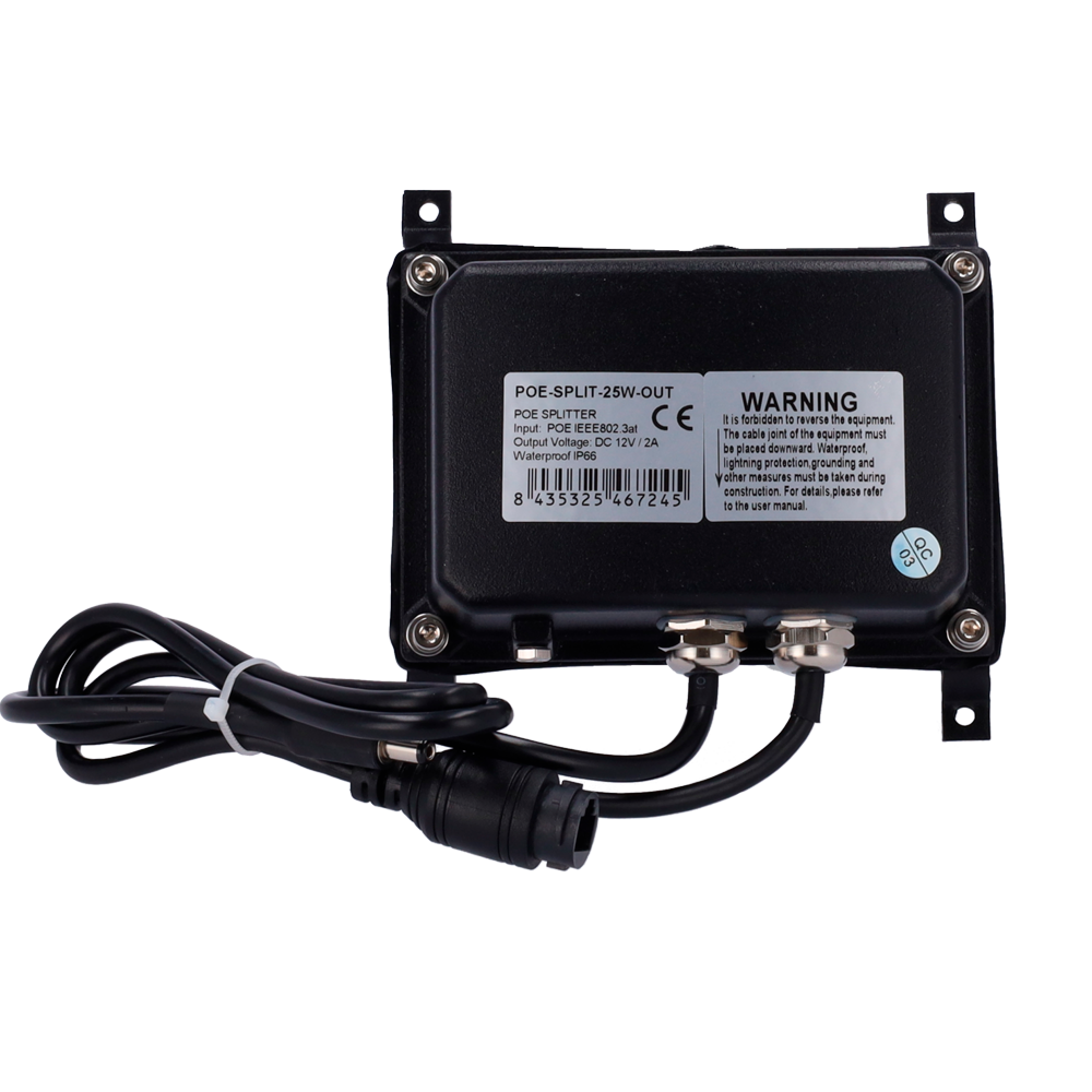 Convertidor PoE - Para focos de infrarrojos - Entrada PoE IEEE802.3af - Salida 25 W / DC 12 V/ 2A - Cable Cat 5e de 45 cm - IP66