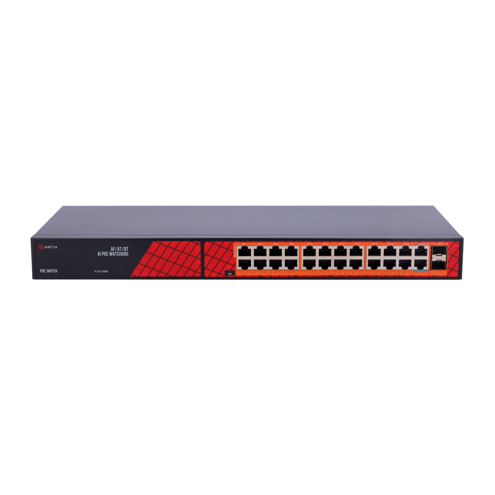 Safire Switch Hi-PoE - 24 puertos PoE + 2 SFP Uplink - Velocidad de puertos Gigabit 10/100/1000Mbps - 22 Puertos PoE+ 30W + 2 Puertos Hi-PoE 60W - PoE Watchdog - Hasta 300W Potencia PoE total