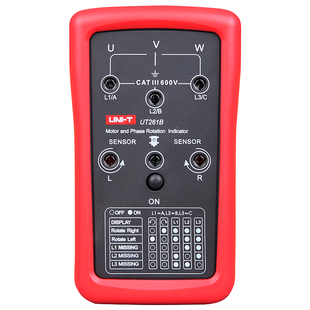 Phase sequence indicator - Motor rotation indicator - AC voltage measurement - Visible LED notification