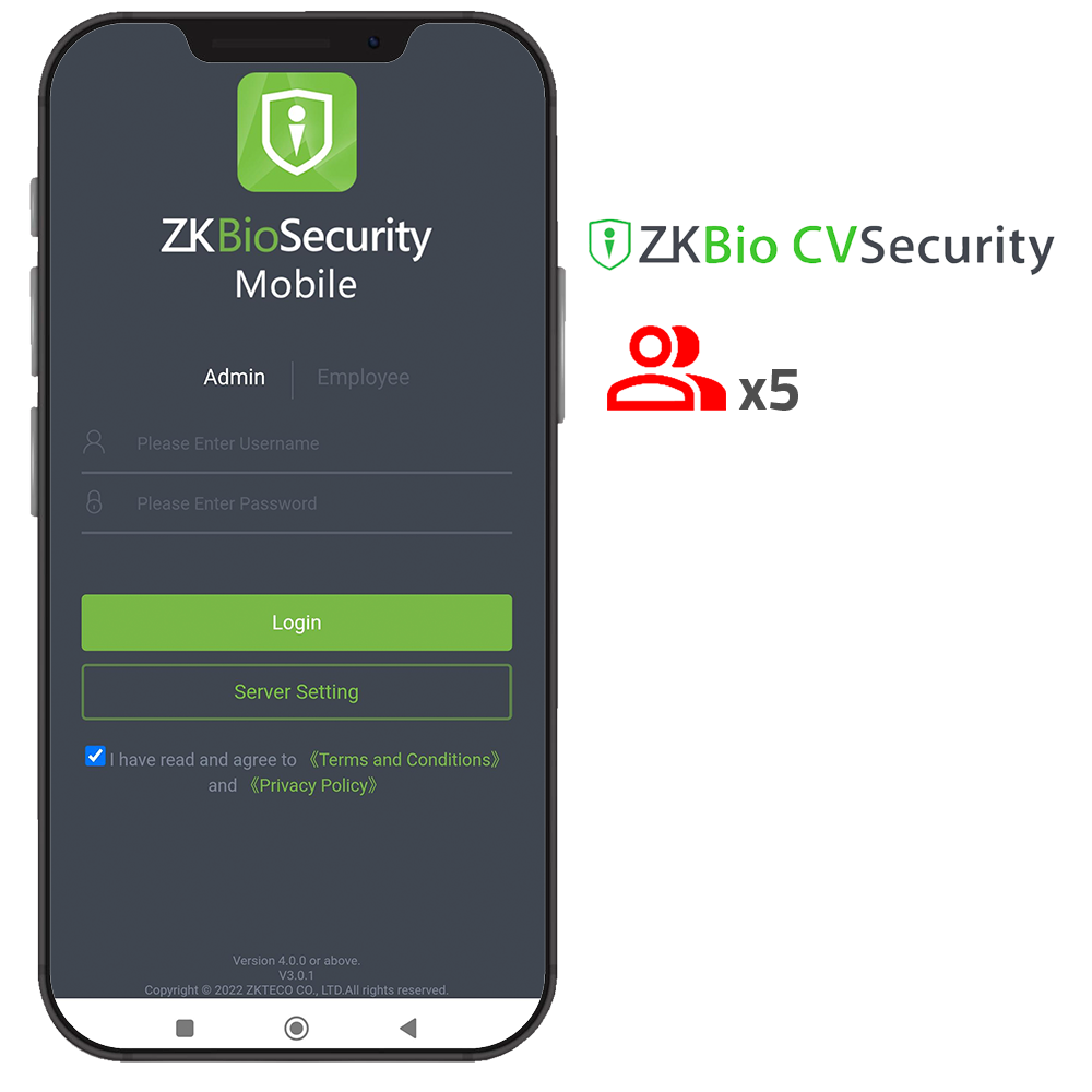 Licencia APP de ZKBio CVSecurity - Capacidad 5 administradores - Gestión usuarios y eventos - Aperturas remotas - Apta para Android y iOS - Necesaria licencia de accesos ZK-SOF-BIOCV-x