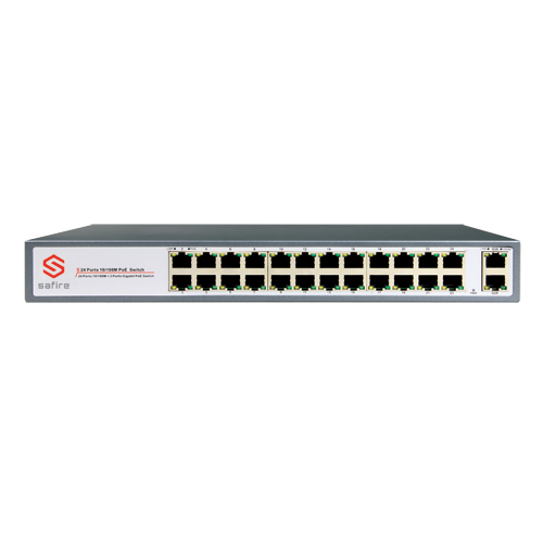 Switch PoE - 24 porte PoE + 2 Gigabit Port - Velocità 10/100 Mbps - 30 W per porta / Massimo 250W - Autonomia fino a 100m - Norma IEEE802.3at (PoE) / af (PoE+)