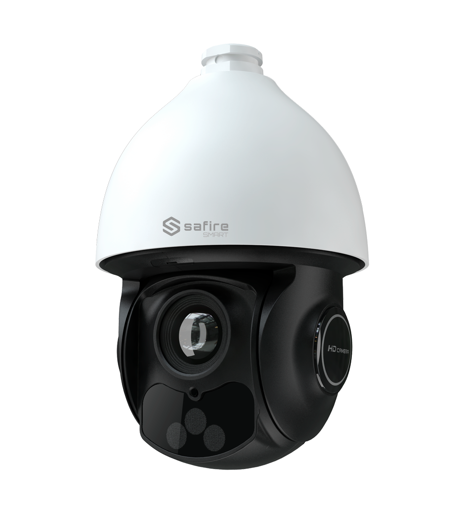 Safire Smart - Cámara IP PTZ con Inteligencia Artificial gama E1 - Resolución 8 Megapíxeles (3840x2160) - Zoom óptico de 32 mm | IR 200m - Autotracking, persona y vehículo | Alarmas - Resistente al agua IP66 | PoE++ (IEEE802.3bt)