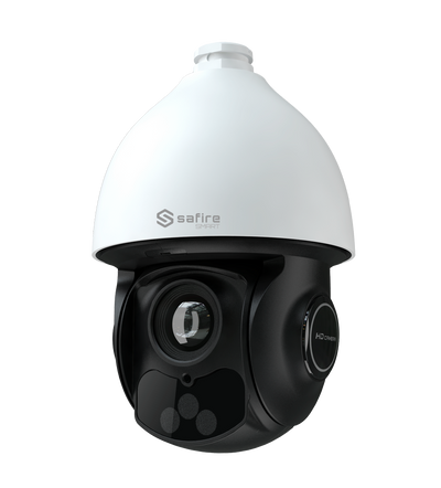 Safire Smart - Cámara IP PTZ con Inteligencia Artificial gama E1 - Resolución 8 Megapíxeles (3840x2160) - Zoom óptico de 32 mm | IR 200m - Autotracking, persona y vehículo | Alarmas - Resistente al agua IP66 | PoE++ (IEEE802.3bt)