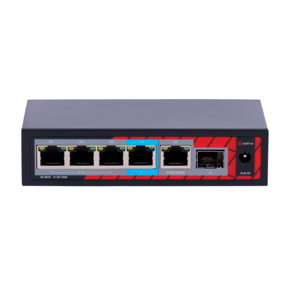 Safire Indoor POE extender Switch - Amplía alcance alimentación POE - 4 puertos PoE + 1 Uplink RJ45 +1 SFP  - IEEE 802.3 af/at/bt - Potencia de salida máxima 60 W - Puertos 10/100/1000 Mbps