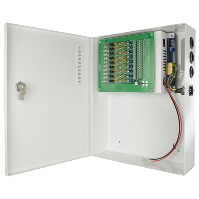 Scatola di distribuzione di alimentazione - 1 ingresso AC 110 V ~ 220 V - 18 uscite con doppino rame - Protezione da fusibile PTC riarmabile - Voltaggio d'uscita 12 V / 240 W - Funzione UPS (SAI)