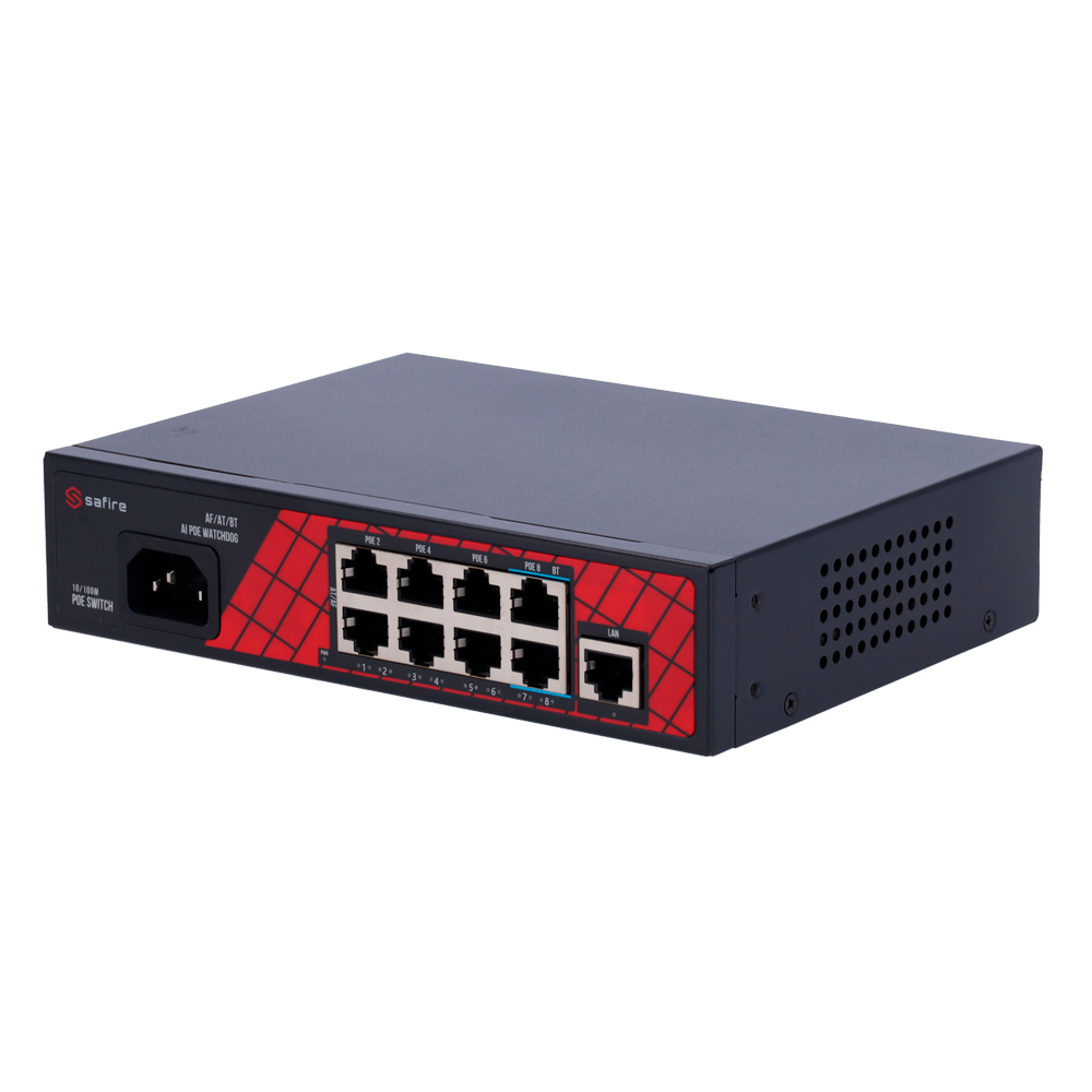 Safire Switch Hi-PoE - 8 puertos PoE + 1 Uplink RJ45 - Velocidad de puertos 10/100Mbps - 6 Puertos PoE+ 30W + 2 Puertos Hi-PoE 60W - Potencia PoE total de 120W - PoE Watchdog / Auto PoE Extendido Hasta 250m