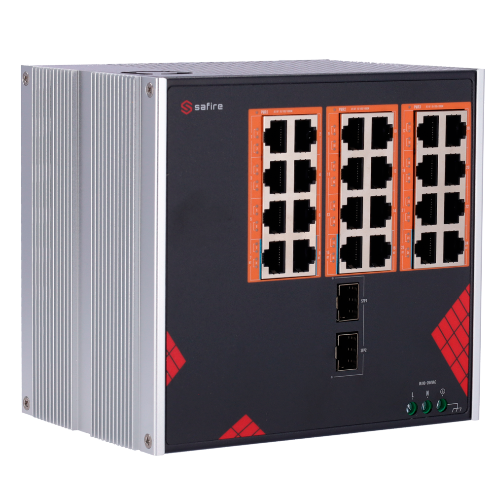 Safire Switch Industrial Alimentación AC 90~264V - 24 puertos Gigabit + 2 SFP Gigabit - 18 Puertos PoE+ 30W + 6 Puertos Hi-PoE 60W - PoE Watchdog - Hasta 390W Potencia PoE total - Instalación carril DIN