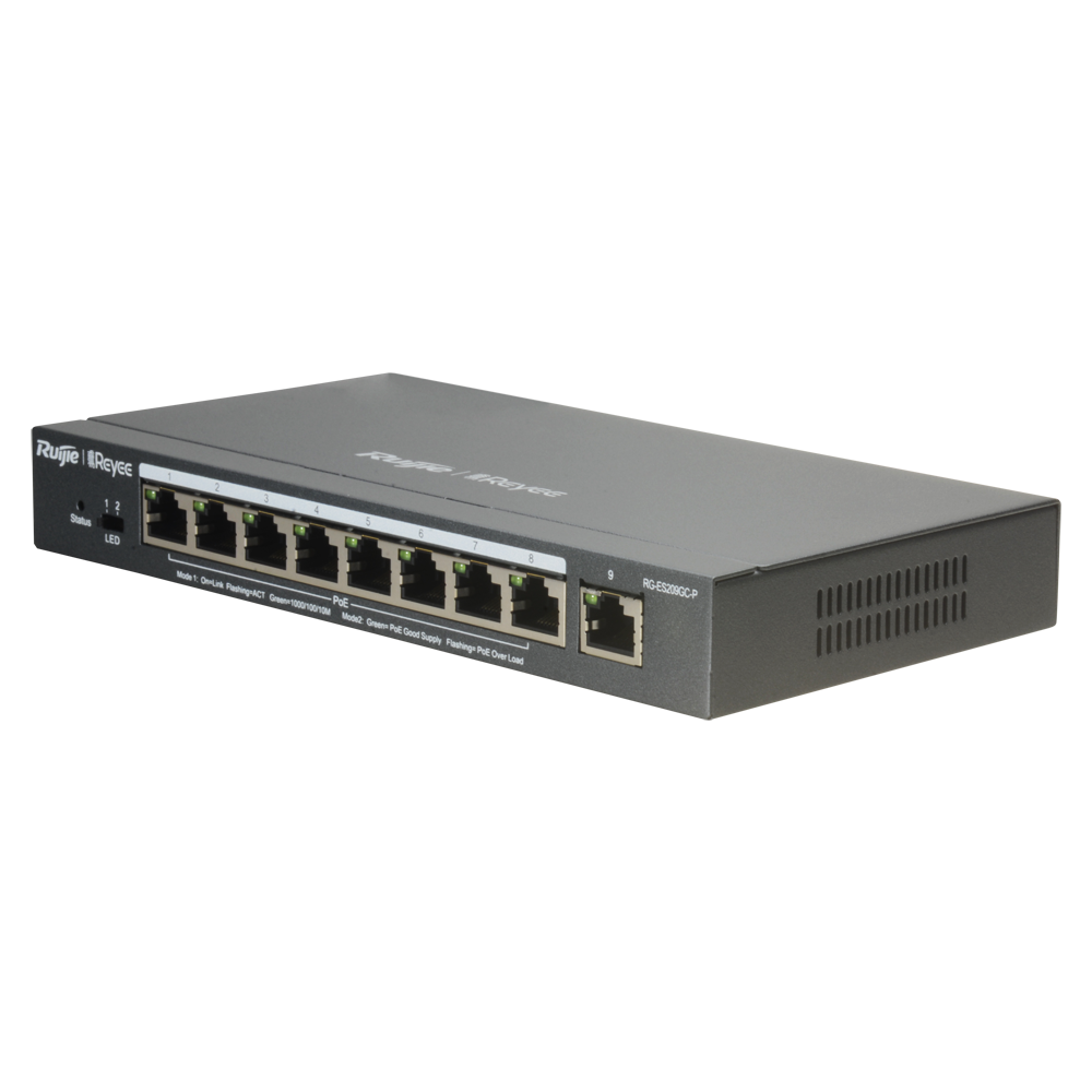 Reyee Switch PoE Cloud Gestibile L2 - 8 porte PoE 802.3af/at + 1 Uplink RJ45 - 8 RJ45 10/100/1000Mbps + 1 RJ45 10/100/1000Mbps - 30W per porta 802.3af/at / Massimo 120W - VLAN/Port Isolation/Loop Detection - Limite di Velocità della Porta