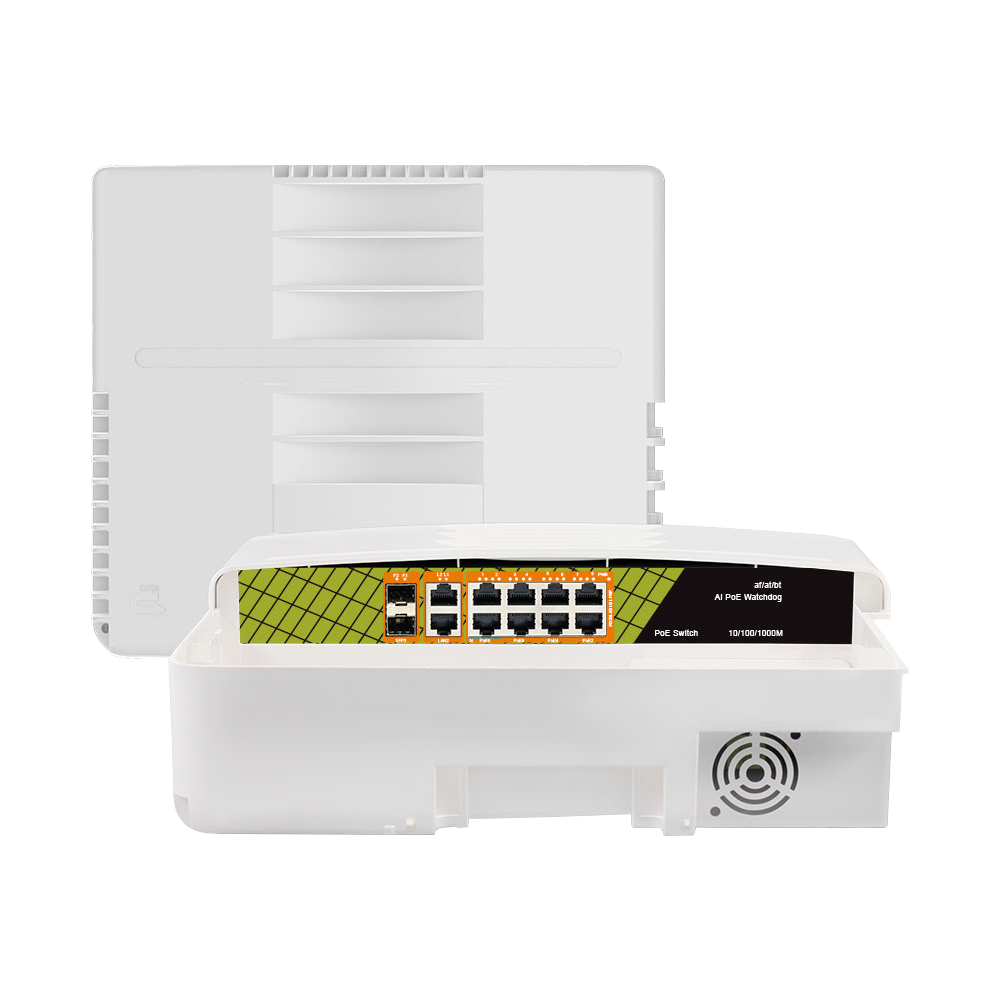 Switch PoE per esterni - 8 porte PoE + 2 Uplink RJ45 + 2 SFP - Velocità Gigabit (8 PoE + 2 Uplink + SFP) - A 60 W in totale per tutte le porte - Standard IEEE802.3at PoE+ / af PoE / bt Hi-PoE - Protezione da Fulmini 6KV, ESD 8KV