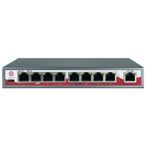 Switch PoE - 8 porte PoE + 1 Uplink RJ45 - Velocità 10/100 Mbps - 25.5 W per porta / Massimo 120W - Modalità TVCC: fino a 250m di portata - Norma IEEE802.3at (PoE) / af (PoE+)