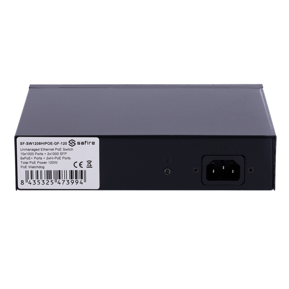 Safire Switch Hi-PoE - 8 puertos PoE + 2 SFP + 2 RJ45 - Velocidad de puertos Gigabit 10/100/1000Mbps - 6 Puertos PoE+ 30W + 2 Puertos Hi-PoE 60W - PoE Watchdog - Hasta 120W Potencia PoE total