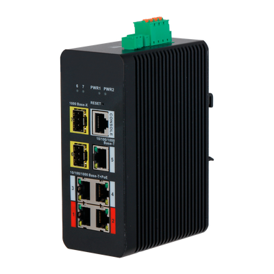 Switch PoE X-Security Carril DIN - 4 puertos PoE RJ45 + 1 puerto RJ45 + 2 SFP - Velocidad 10/100/1000 Mbps - 90W puertos 1-2 / 30W puertos 3-4 / Máximo 120W - PoE/PoE+/Hi-PoE / Hasta 250m / PoE Watchdog - VLAN/STP/RSTP/ERPS/LACP/StaticLAG/IGMP Snooping