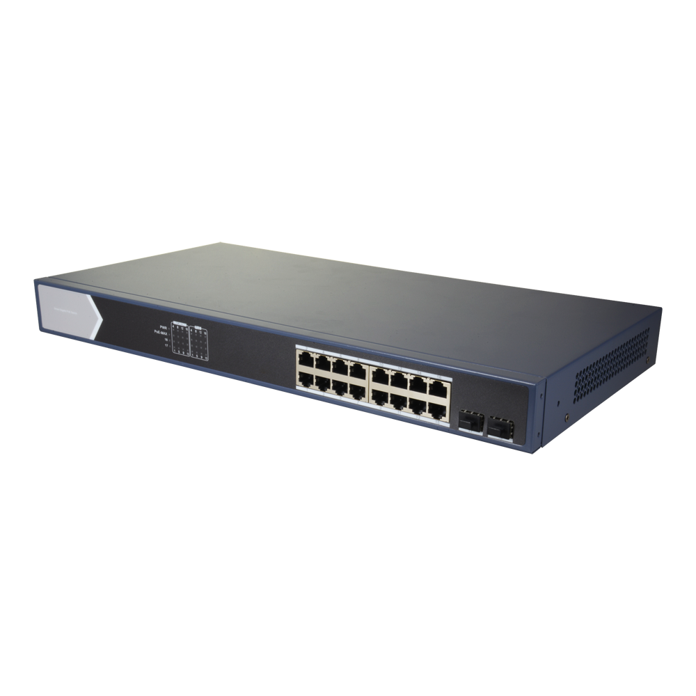 Switch PoE Safire - 16 puertos PoE + 2 Gigabit SFP - Velocidad 10/100/1000 Mbps - 30 W por puerto 802.3af/at / Máximo 225W - VLAN/Aislamiento de puertos/STP/RSTP/QoS - LAG estático/Duplicación de puertos