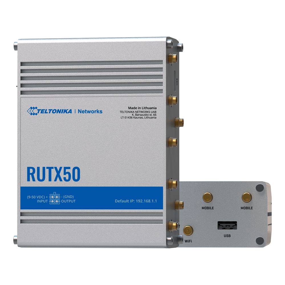 Teltonika Router 5G Industrial - 5G Sub-6Ghz SA/NSA 2.1/3.3Gbps DL 900/600 Mbps U - Doble Módem Dual SIM - Wi-Fi 5 - Posicionamiento GNSS - 5 puertos Ethernet RJ45 Gigabit