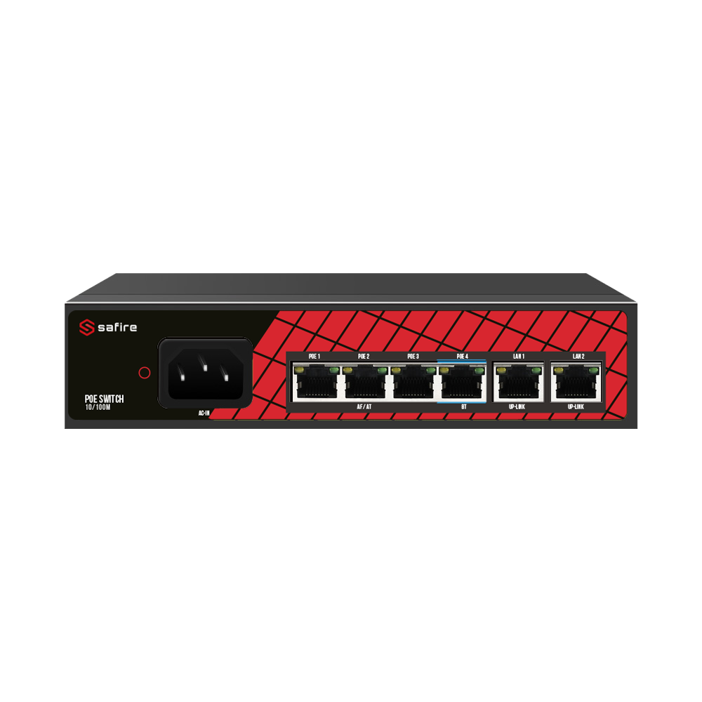 Switch Safire Hi-PoE - 4 puertos PoE + 2 Uplinks RJ45 - Velocidad de puerto 10/100Mbps - 3 puertos PoE+ 30W + 1 puerto Hi-PoE 60W - PoE Watchdog - Auto PoE extendido hasta 250m