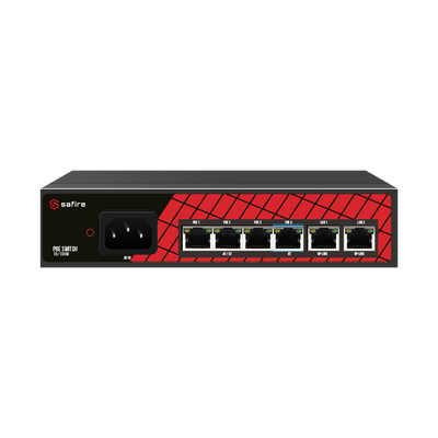 Switch Safire Hi-PoE - 4 puertos PoE + 2 Uplinks RJ45 - Velocidad de puerto 10/100Mbps - 3 puertos PoE+ 30W + 1 puerto Hi-PoE 60W - PoE Watchdog - Auto PoE extendido hasta 250m