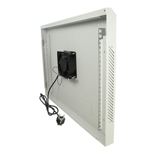 Armario rack de pared - Hasta 9U rack de 19" - Hasta 100 kg de carga - Con ventilación y prensaestopas - Incluye ventilador, bandeja y regleta de 6 tomas - Se entrega desmontado