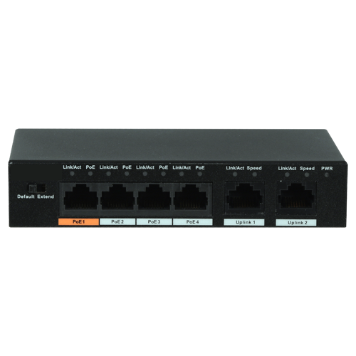 Switch PoE X-Security - 4 porte PoE + 2 porta Uplink - Velocità 10/100 Mbps - 60W porta 1 / 30W porta 2-4 / Massimo 60W - Modo TVCC fino a 250m a 10Mbps - Hi-PoE / IEEE802.3at (PoE+) / af (PoE+)